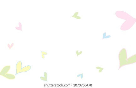 Many Stylish and Good Looking Light Yellow, Blue, Pink and Green Hearts of Different Size on White Background