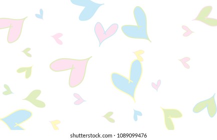 Many Stylish and Good Looking Light Yellow, Blue, Pink and Green Hearts of Different Size on White Background