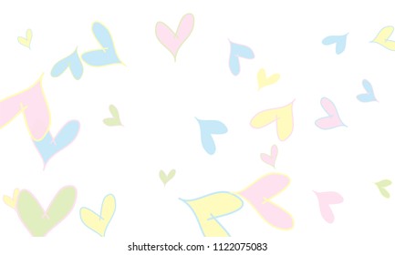 Many Stylish and Good Looking Light Yellow, Blue, Pink and Green Hearts of Different Size on White Background