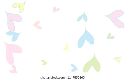 Many Stylish and Good Looking Light Yellow, Blue, Pink and Green Hearts of Different Size on White Background