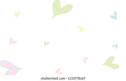 Many Stylish and Good Looking Light Yellow, Blue, Pink and Green Hearts of Different Size on White Background