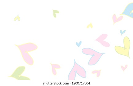 Many Stylish and Good Looking Light Yellow, Blue, Pink and Green Hearts of Different Size on White Background