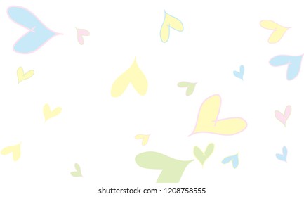Many Stylish and Good Looking Light Yellow, Blue, Pink and Green Hearts of Different Size on White Background