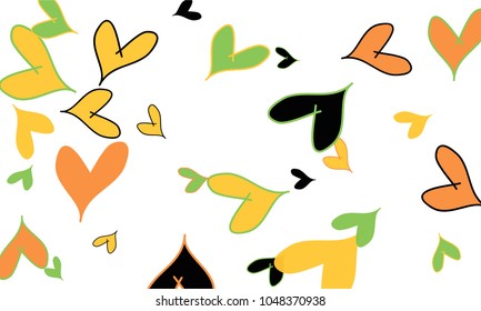 Many Stylish and Good Looking Orange, Yellow, Black and Green Hearts of Different Size on White Background