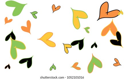 Many Stylish and Good Looking Orange, Yellow, Black and Green Hearts of Different Size on White Background