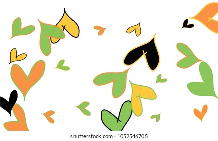 Many Stylish and Good Looking Orange, Yellow, Black and Green Hearts of Different Size on White Background