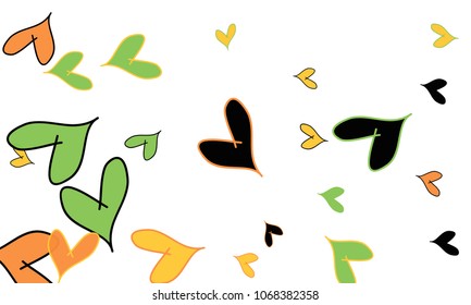 Many Stylish and Good Looking Orange, Yellow, Black and Green Hearts of Different Size on White Background