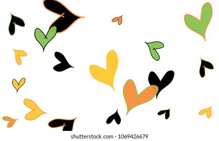 Many Stylish and Good Looking Orange, Yellow, Black and Green Hearts of Different Size on White Background