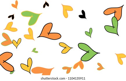 Many Stylish and Good Looking Orange, Yellow, Black and Green Hearts of Different Size on White Background