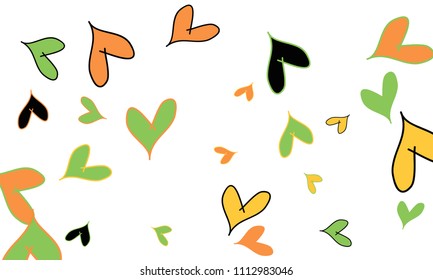 Many Stylish and Good Looking Orange, Yellow, Black and Green Hearts of Different Size on White Background