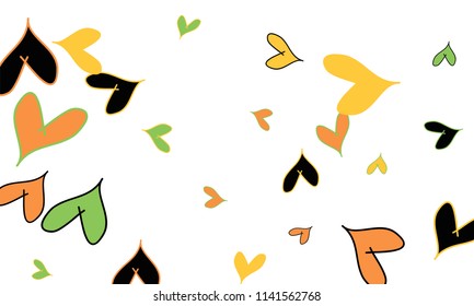 Many Stylish and Good Looking Orange, Yellow, Black and Green Hearts of Different Size on White Background