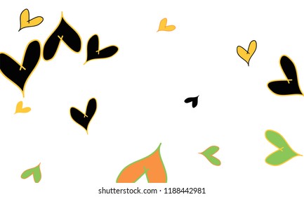 Many Stylish and Good Looking Orange, Yellow, Black and Green Hearts of Different Size on White Background