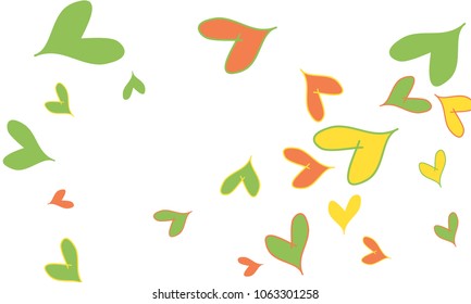 Many Stylish and Good Looking Yellow, Green and Red Hearts of Different Size on White Background