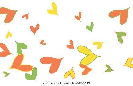 Many Stylish and Good Looking Yellow, Green and Red Hearts of Different Size on White Background