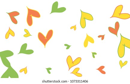 Many Stylish and Good Looking Yellow, Green and Red Hearts of Different Size on White Background