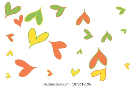 Many Stylish and Good Looking Yellow, Green and Red Hearts of Different Size on White Background