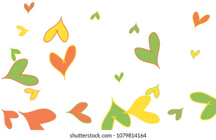 Many Stylish and Good Looking Yellow, Green and Red Hearts of Different Size on White Background