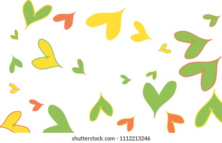 Many Stylish and Good Looking Yellow, Green and Red Hearts of Different Size on White Background