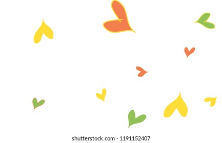 Many Stylish and Good Looking Yellow, Green and Red Hearts of Different Size on White Background