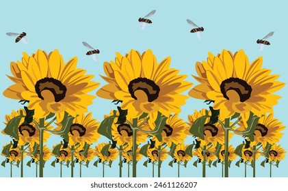 Many sunflowers with bees around them