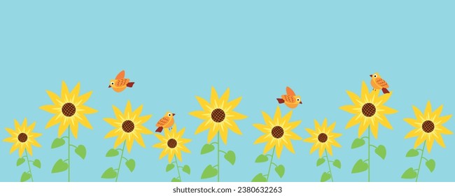 Many sunflowers and birds on light blue background