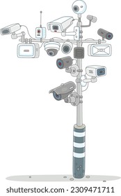 Many surveillance cameras on a road post for covert control, recording violations and shadowing, vector cartoon illustration isolated on a white background