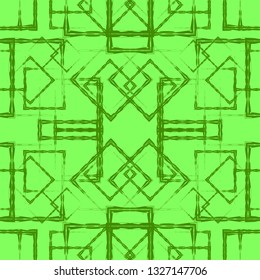 Many symmetrical grass rhombuses and squares on a green background. Bright abstract pattern of geometric carved and fancy shapes.