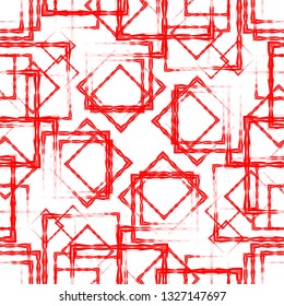 Many symmetrical red diamonds and squares on a white background. Bright abstract pattern of geometric carved and fancy shapes.