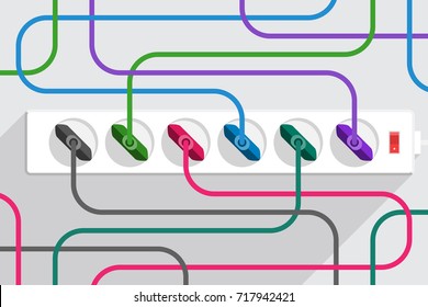 Many Tangled Colored Power Cords, With Plugs At Ends, Plugged To Power Strip