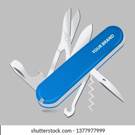 Many Task Blue Army Knife On Gray Background. Swiss, Multipurpose Knife. Multifunctional Tool. Camping Item.