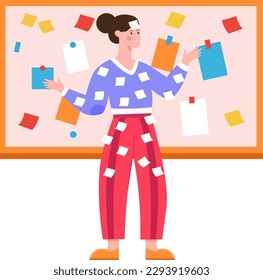 Too many tasks, workaholism. Unorganized, disordered work. Girl near whiteboard with lot of stickers. Excessive planning, workaholic. Large number of plans and stickers. Vector image in flat style