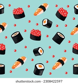 Many tasty sushi on turquoise background. Pattern for design