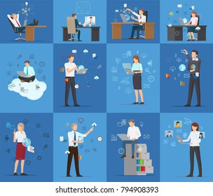 Many technology business cards vector illustration of working employees isolated on blue background clouds schedules clocks loupe bulb and other icons