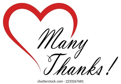 Many Thanks Black Vector lettering with red heart. White back.