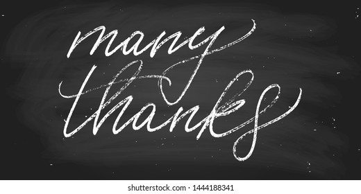 Many thanks greeting card. Positive phrase handwritten text vector script chalk on a blackboard. Each word is on the separate layer. 