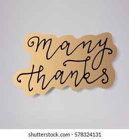 "Many thanks" - vector illustration design of modern badge with text isolated on gold background. Creative sticker design.