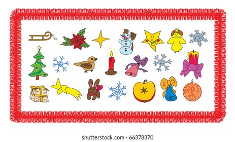 many themed Christmas ornaments, winter and New Year
