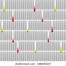 Many thin straight lines are arranged vertically and parallel to each other. There are burning matches between them.