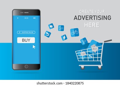 many things float away from blue and black smartphone and go down to the shopping cart for online shopping concept design,vector 3d on blue and white bacground