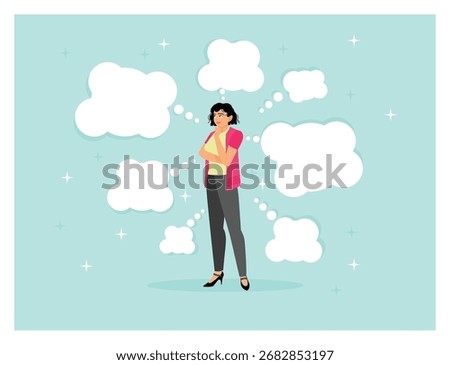 Too many thinking ideas concept. Women think with many thought bubbles, burdening problems, or issues to solve.