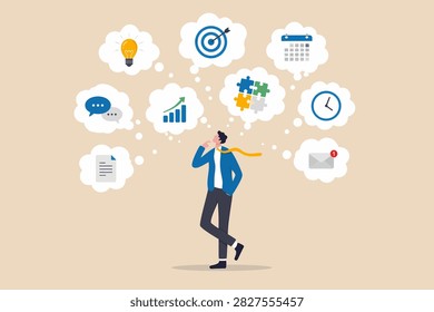 Too many thinking ideas, overwhelmed issues or busy problem to be solved, contemplation solutions for troble, concerned or anxiety concept, businessman thi VECTOR