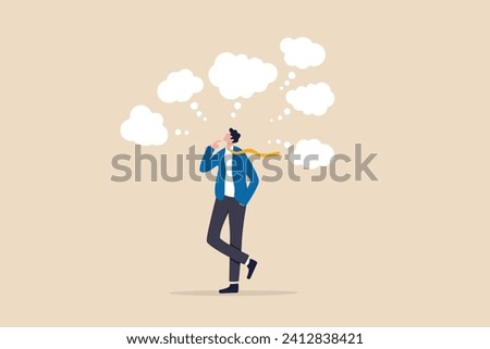 Too many thinking ideas, overwhelmed issues or busy problem to be solved, contemplation solutions for troble, concerned or anxiety concept, businessman thinking with many thinking bubbles.