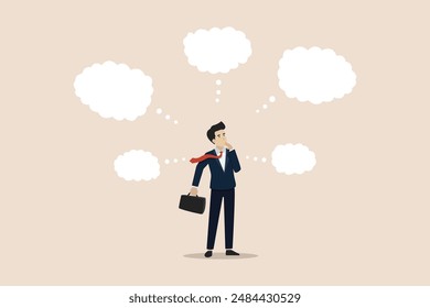 Too many thinking ideas, many problems to be solved, contemplation solutions for troble, stress or anxiety concept, businessman thinking with many thinking bubbles.