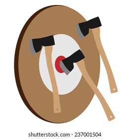 Many throwing axes on target isolated on white