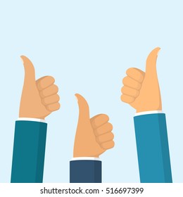 Many thumbs up. Customers feedback concept. Symbol approval. Congratulate winner. Group people vote like. Vector illustrat flat design. Positive feedback. Cheering business people. Isolated hand like