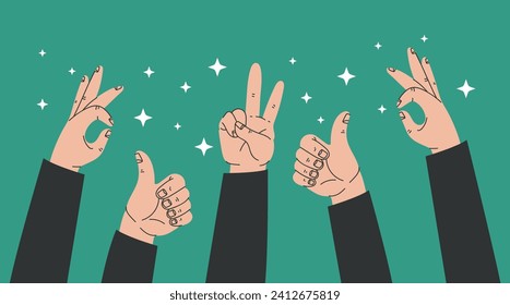 Many thumbs up. Social network likes, approval, feedback concept. Vector flat illustration