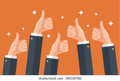 Many thumbs up. Social network likes, approval, feedback concept. Vector flat illustration