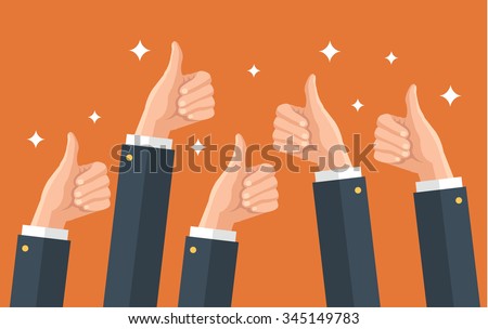 Many thumbs up. Social network likes, approval, feedback concept. Vector flat illustration