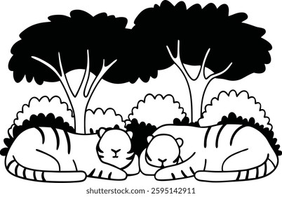 many tigetr sleeoing in the forest