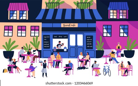 Many tiny people sitting at outdoor sidewalk cafe, coffeehouse or restaurant with tables, chairs on city street against building facades on background. Colorful illustration in modern flat style.